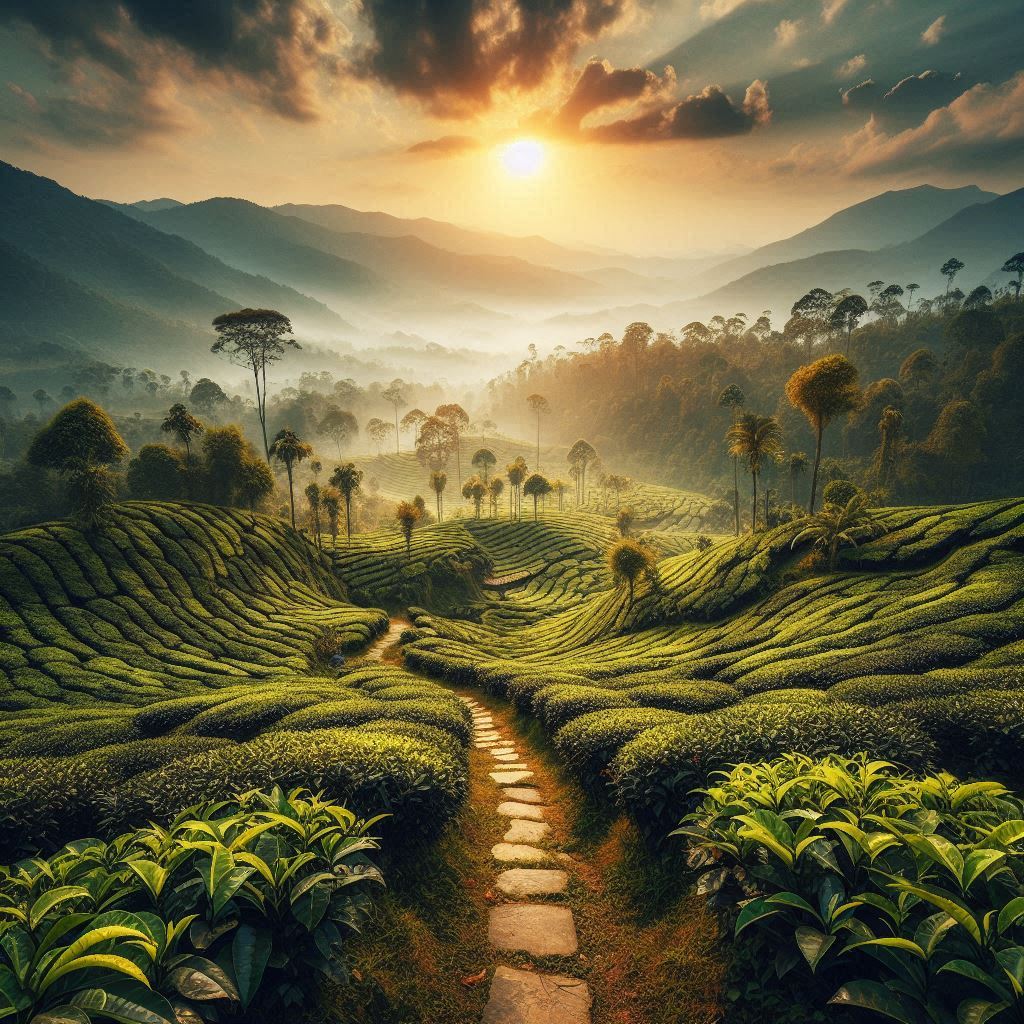 TEAORB - A serene tea plantation at sunrise, with rows of lush green tea bushes stretching out into the distance, mist rising from the ground.